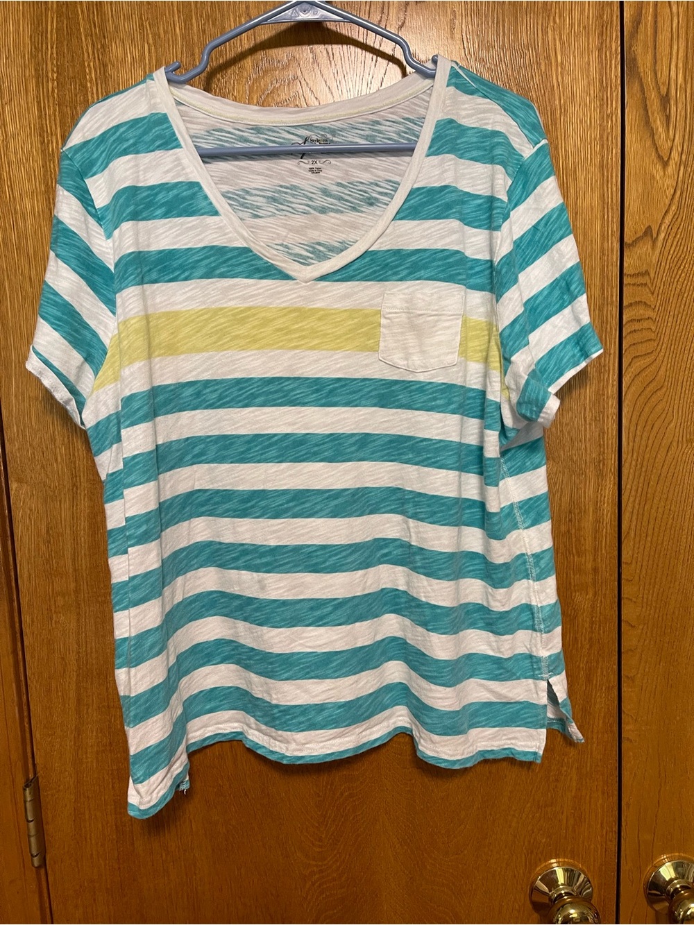 Spirit Teal, White & Yellow Striped V-Neck Pocket Tee